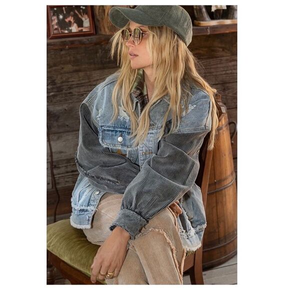DENIM Distressed Jacket with Corduroy Sleeves Oversized Fit - Picture 3 of 16